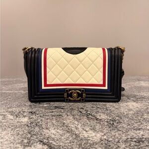 Chanel Boy Bag Old Medium Black and Cream Quilted Crest Bag